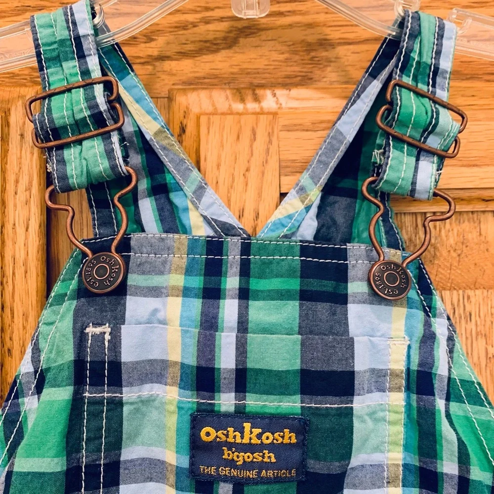 OshKosh B'gosh Green and Blue Plaid Overalls, size 12 mos